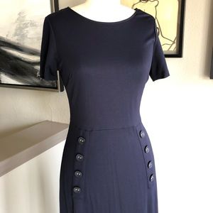 NANETTE LEPORE navy blue knit midi dress with nautical sailor buttons